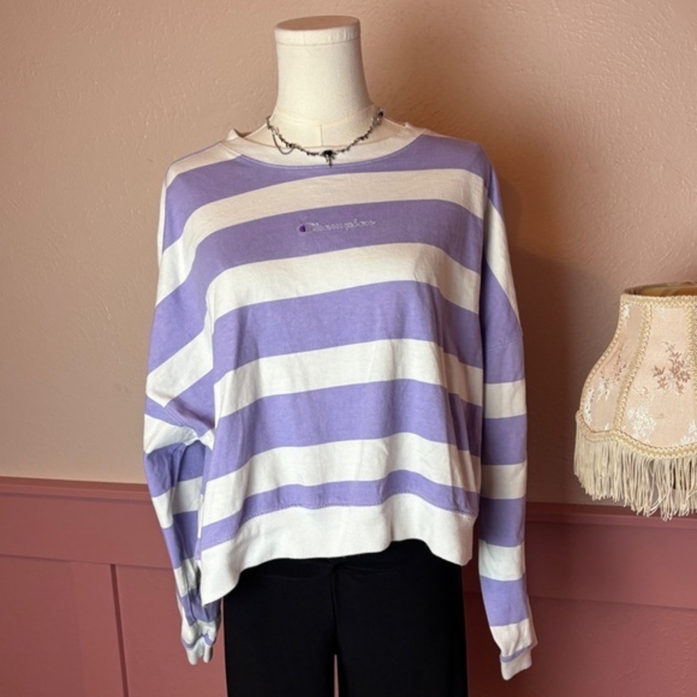 champion oversized striped purple white sweatshirt large cropped